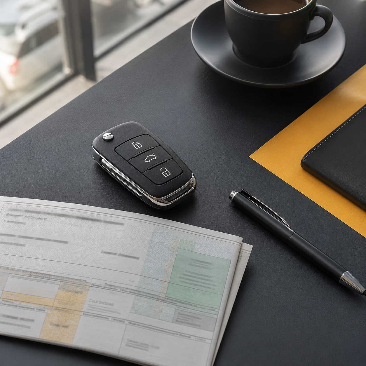 Autosleutel en kentekenbewijs op het bureau van JT AutoMotive