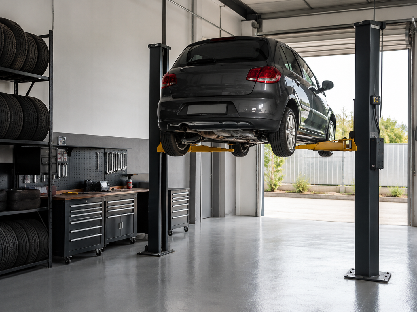 Auto op de brug in de werkplaats van JT AutoMotive Emmen